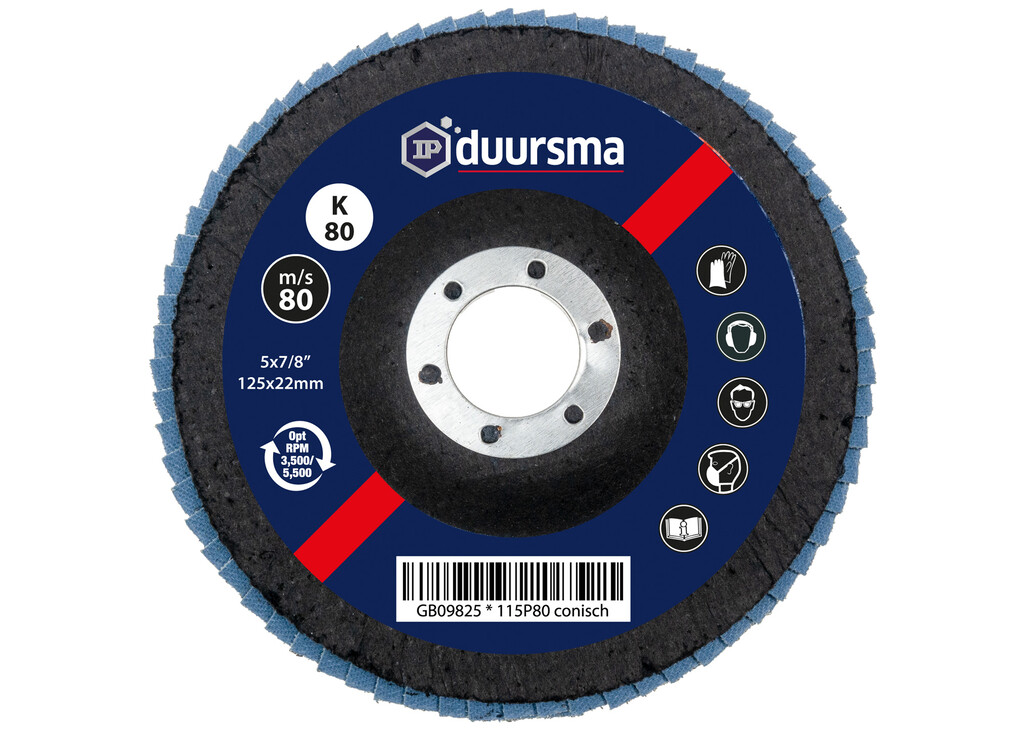 125P80 conisch DUURSMA Lamellenschijf 125 P80 Conisch (blauw Zirkonium flapschijf)